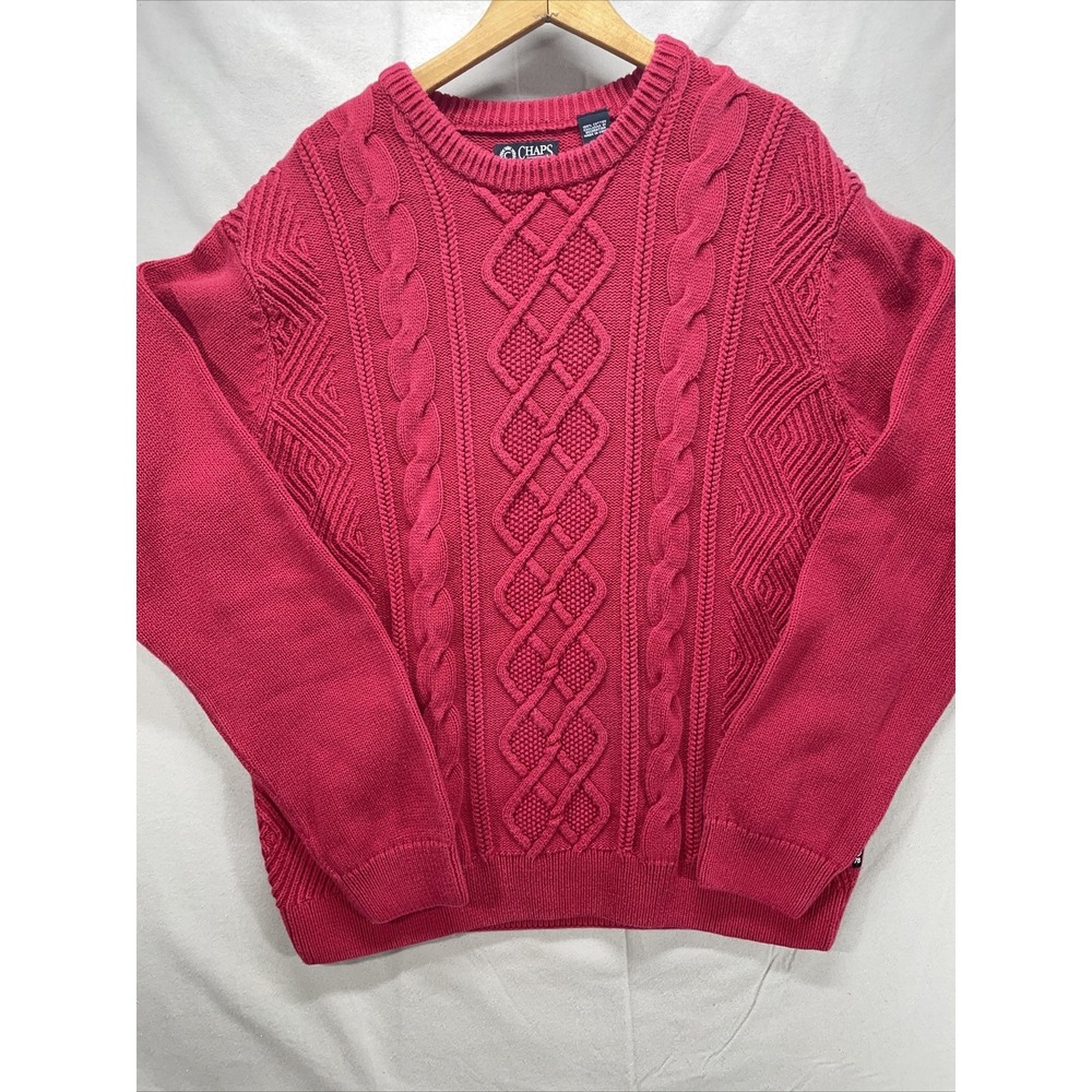 Chaps Sweater Men's XL Pullover Long Sleeve Red Cable Knit Logo Cotton